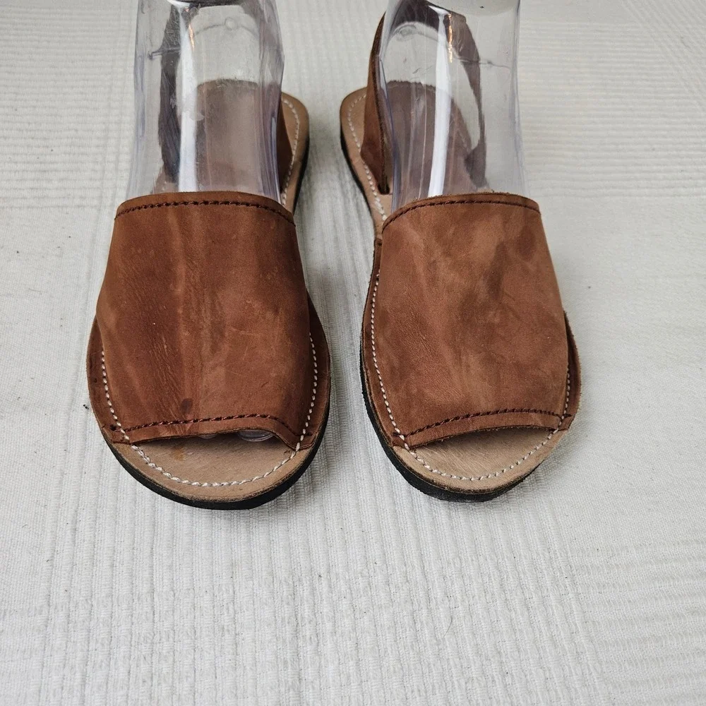 Handmade Slip On Leather Sandals Sz 37 6.5 7 Brown Shoes Slingback‎